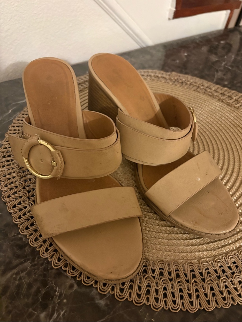 Women’s Tan Slide Wedge Sandals with Gold Buckle